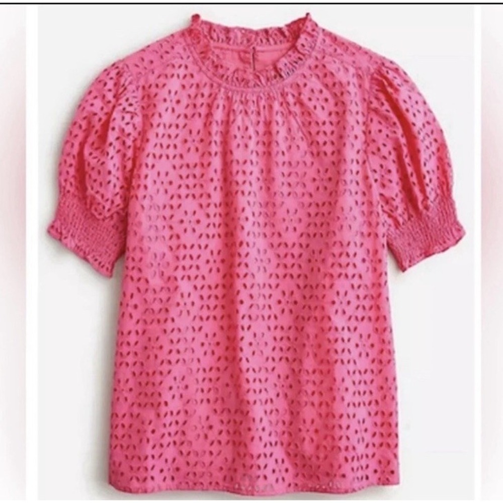J. Crew Smocked Puff Sleeve Top Women's Large Pink Eyelet Lace Feminine